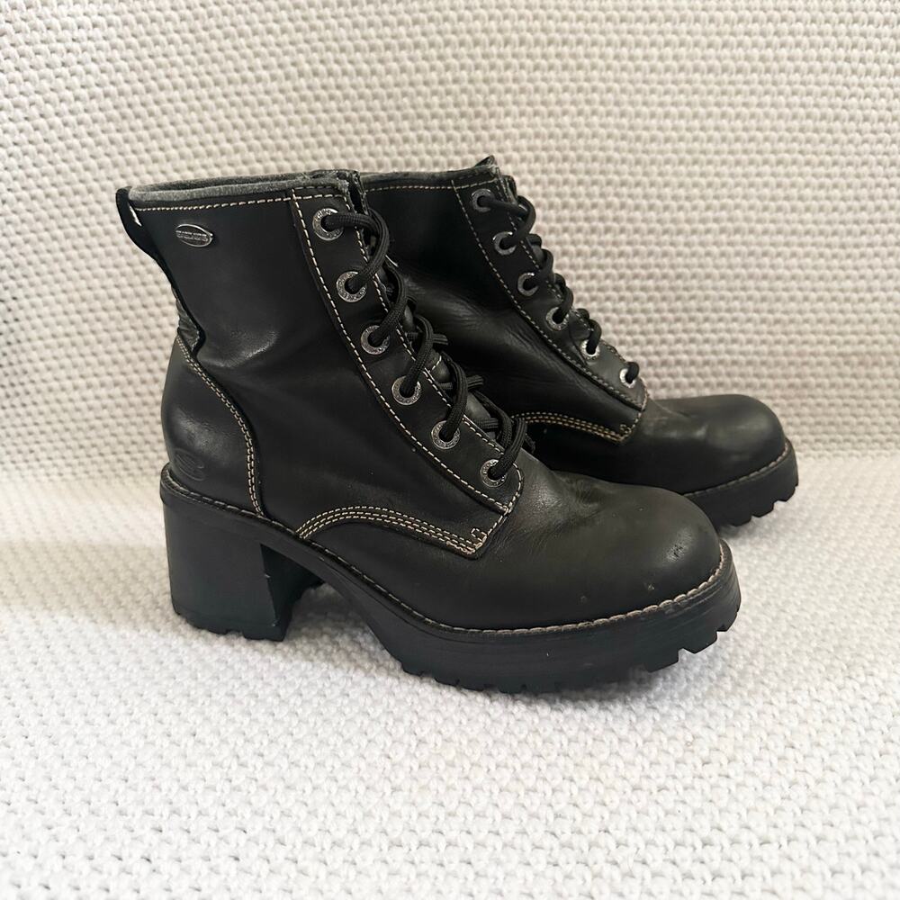 Skechers Black Leather Y2K Stitching Grunge Chunky Lug Sole Lace Up Boots 8.5